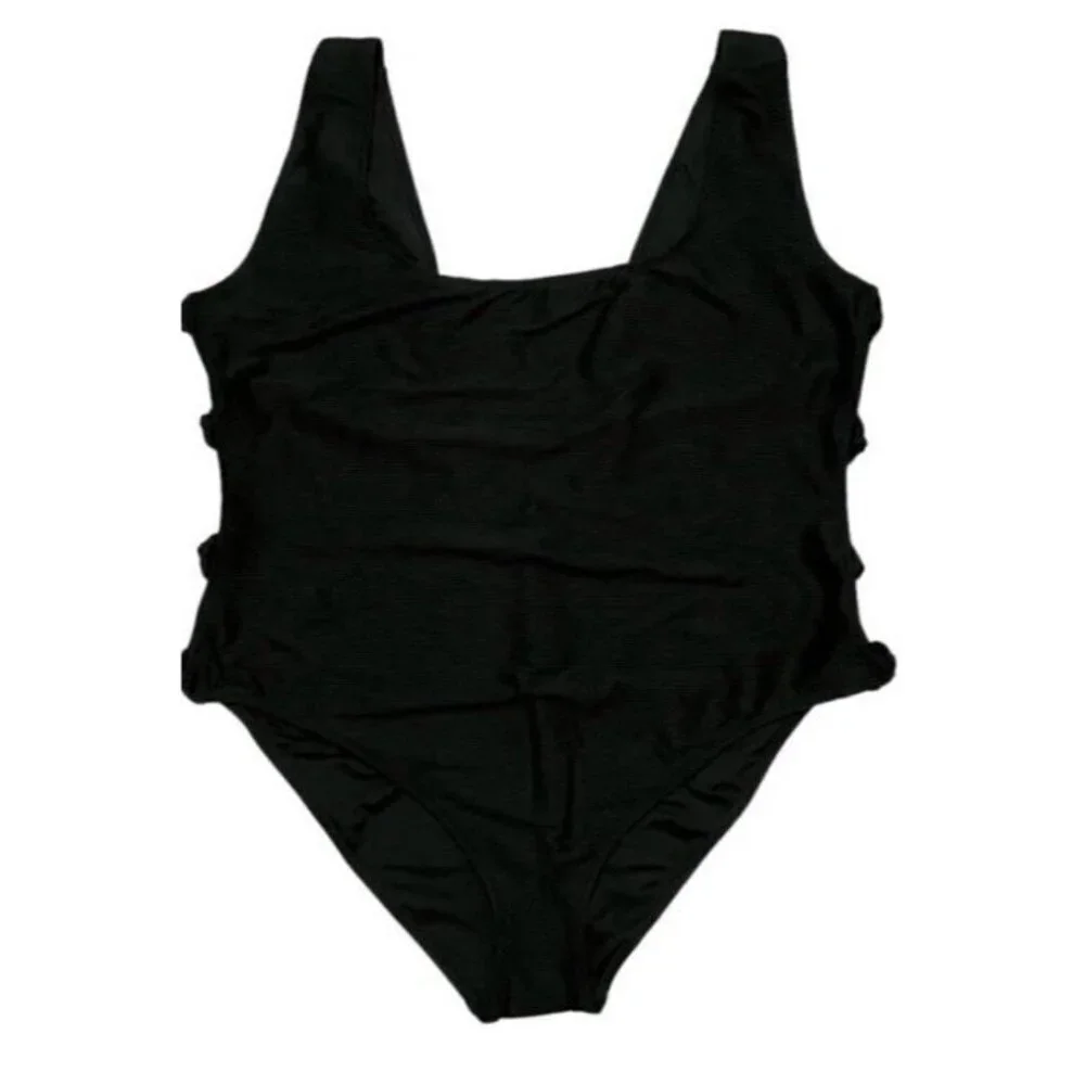 NWT J.Crew Ribbed Side Bow One Piece Swimsuit Black Size 24 Cruise Cutout